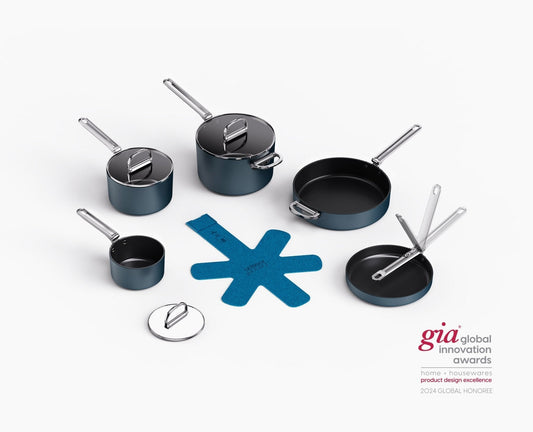Space Folding Handle Ceramic Non-Stick 8-Piece Blue Cookware Set