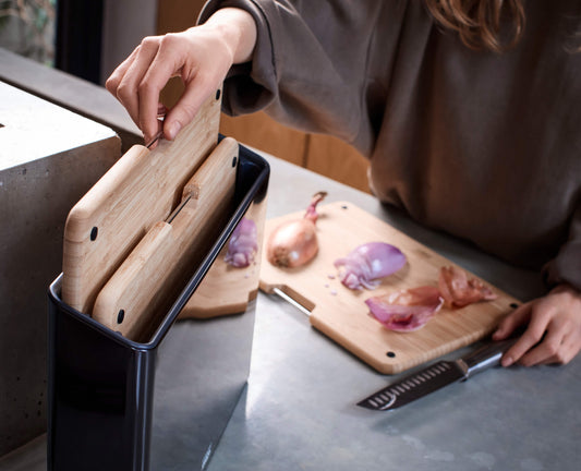 [hidden] [lifestyle] Folio™ Steel 3-Piece Bamboo Chopping Board Set With Black Stainless-Steel Case