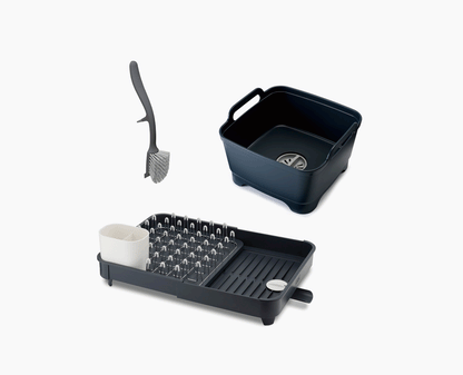 3-piece Gray Drainer, Washing-up Bowl & Brush Set