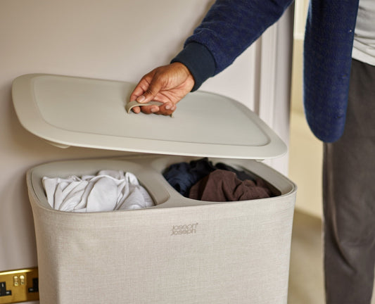 [hidden] [lifestyle] 2-piece Ecru Tota 90L & Hold-All Laundry Basket Set