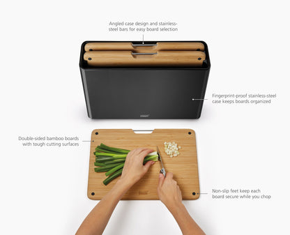 [half-width] Folio™ Steel 3-Piece Bamboo Chopping Board Set With Black Stainless-Steel Case